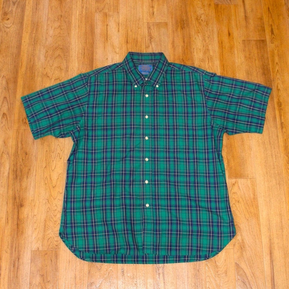 Pendleton Button Down Shirt Mens XL Green Plaid Excellent Short Sleeve USA Made